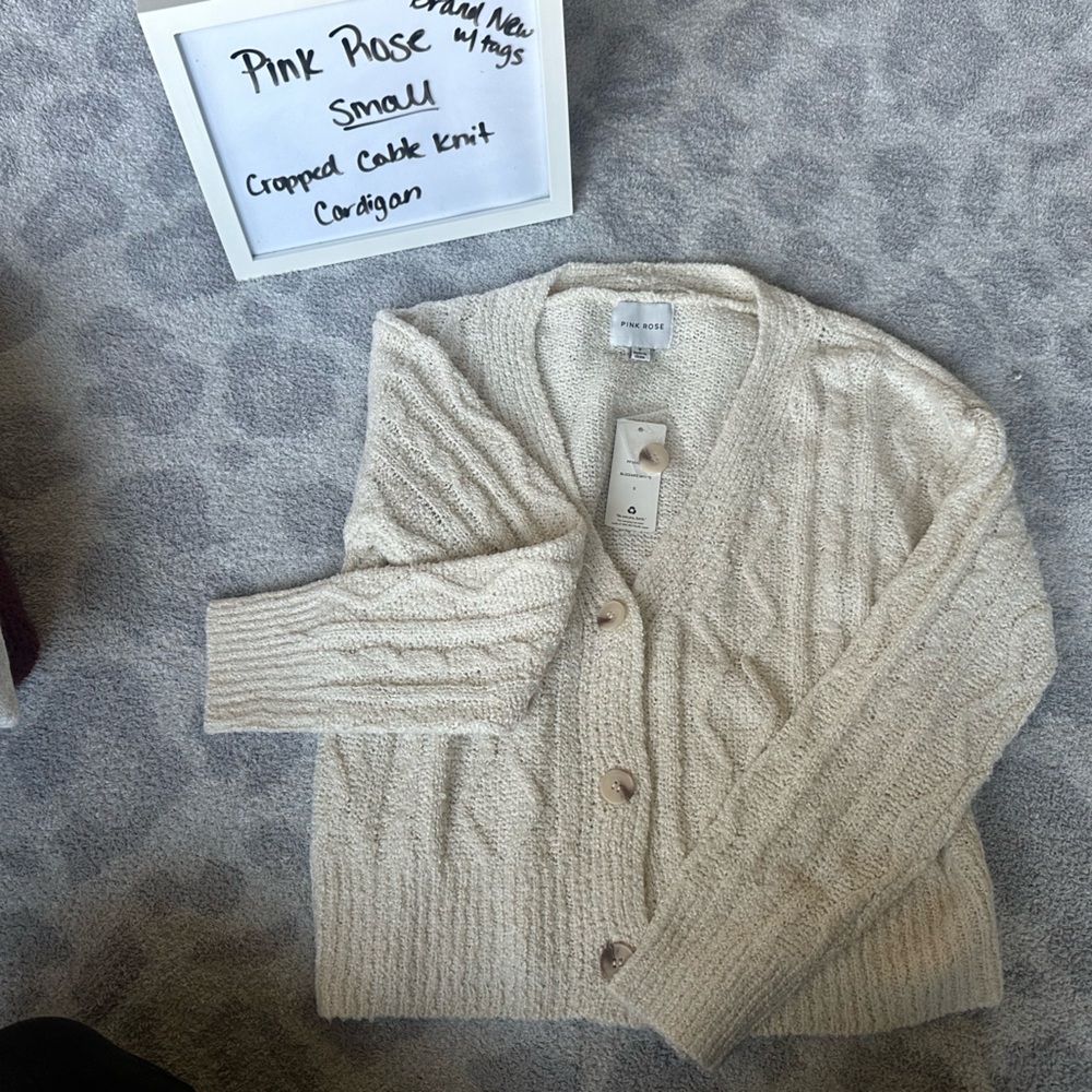 BNWT! Cream cable knit cardigan. Pink Rose. Small. Super cute!